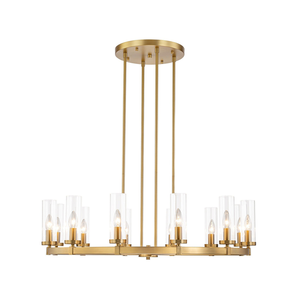 Lustre à 12 lumières en forme de roue de chariot, style moderne du milieu du siècle, en verre transparent, doré/noir, grand modèle