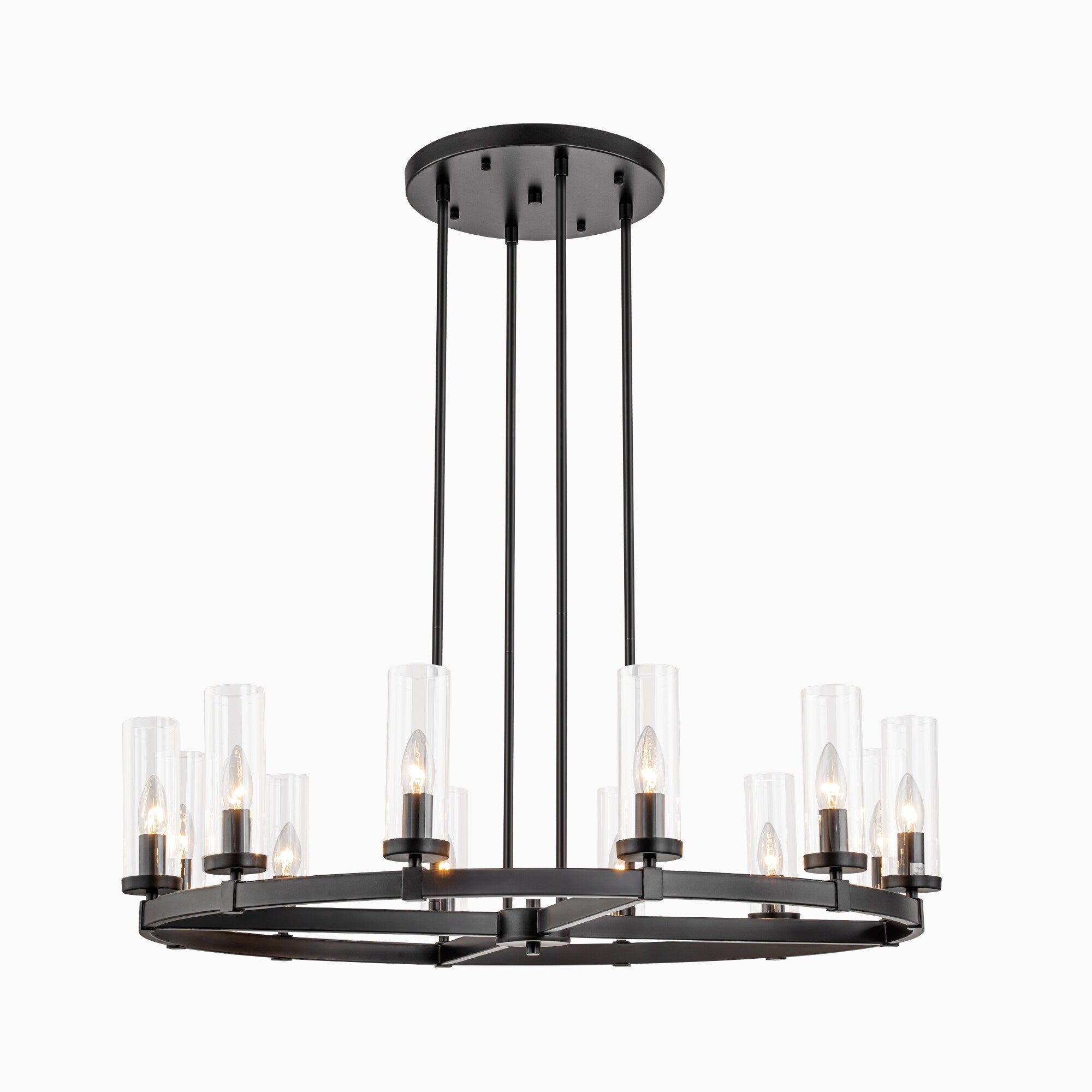 Lustre à 12 lumières en forme de roue de chariot, style moderne du milieu du siècle, en verre transparent, doré/noir, grand modèle