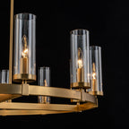 Lustre à 12 lumières en forme de roue de chariot, style moderne du milieu du siècle, en verre transparent, doré/noir, grand modèle