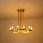 Lustre à 12 lumières en forme de roue de chariot, style moderne du milieu du siècle, en verre transparent, doré/noir, grand modèle