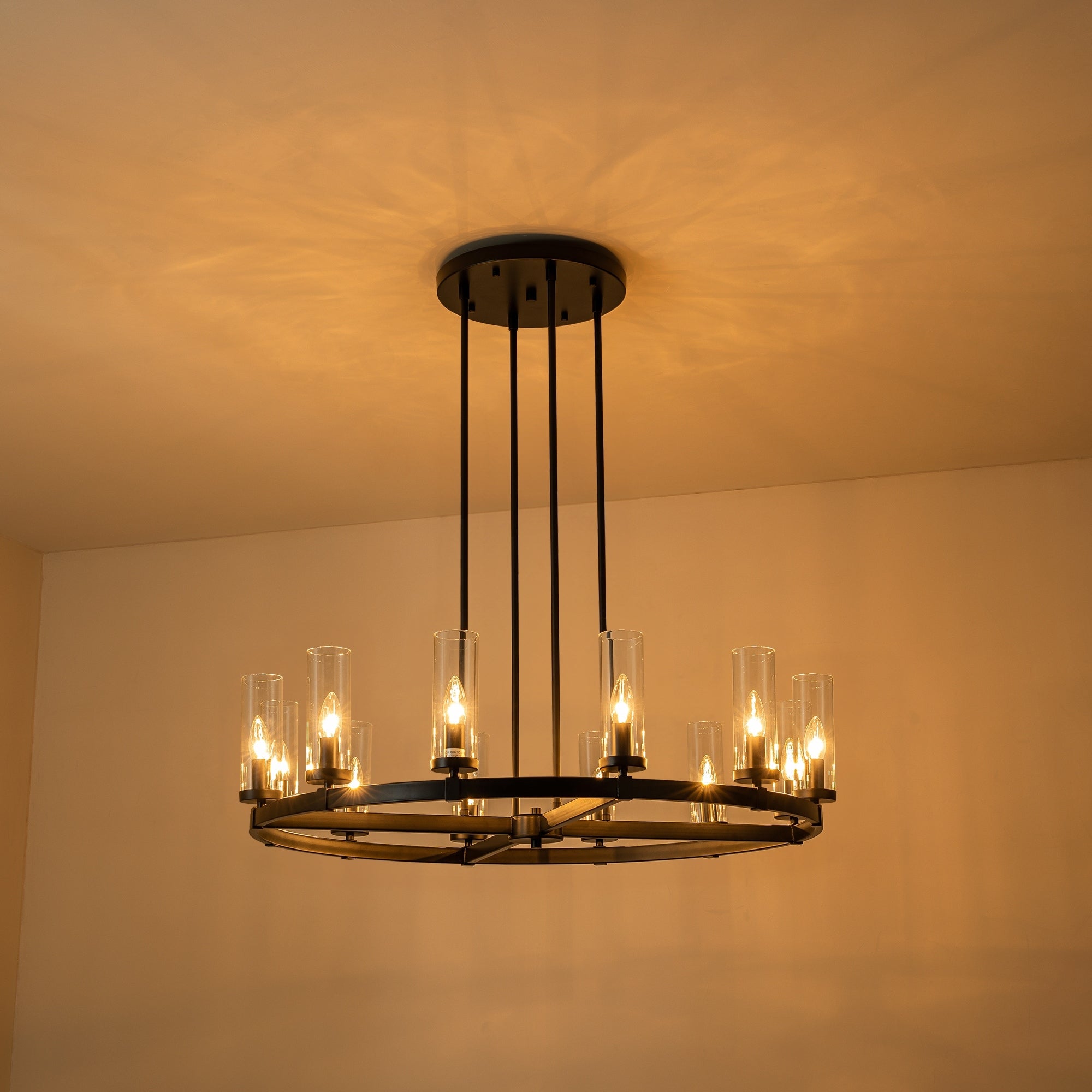 Lustre à 12 lumières en forme de roue de chariot, style moderne du milieu du siècle, en verre transparent, doré/noir, grand modèle