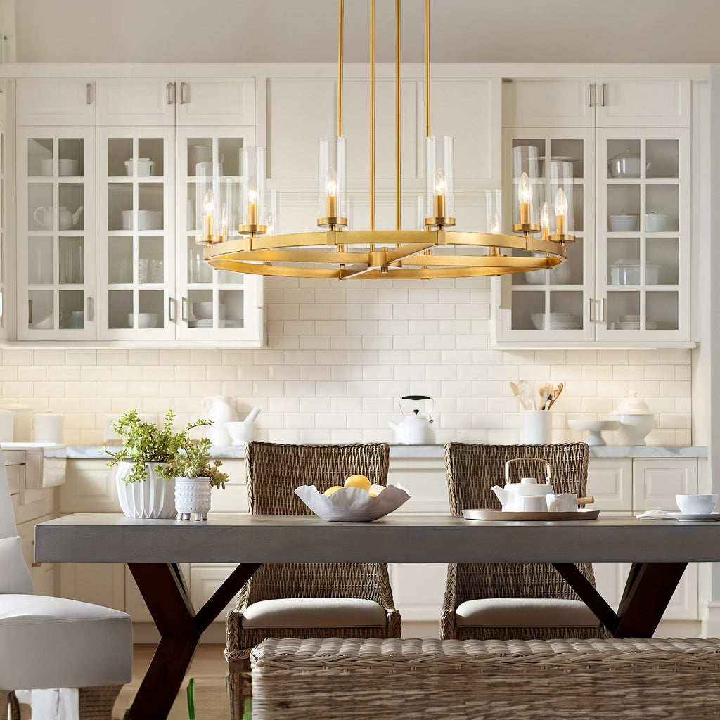 Lustre à 12 lumières en forme de roue de chariot, style moderne du milieu du siècle, en verre transparent, doré/noir, grand modèle