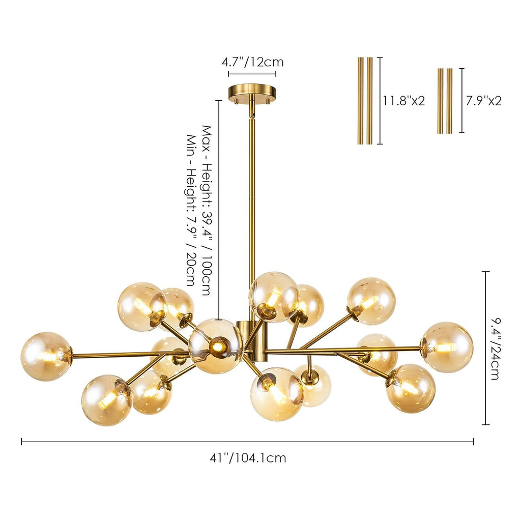 Lustre linéaire moderne à 15 lumières pour îlot de cuisine Sputnik avec branches en verre et bulles