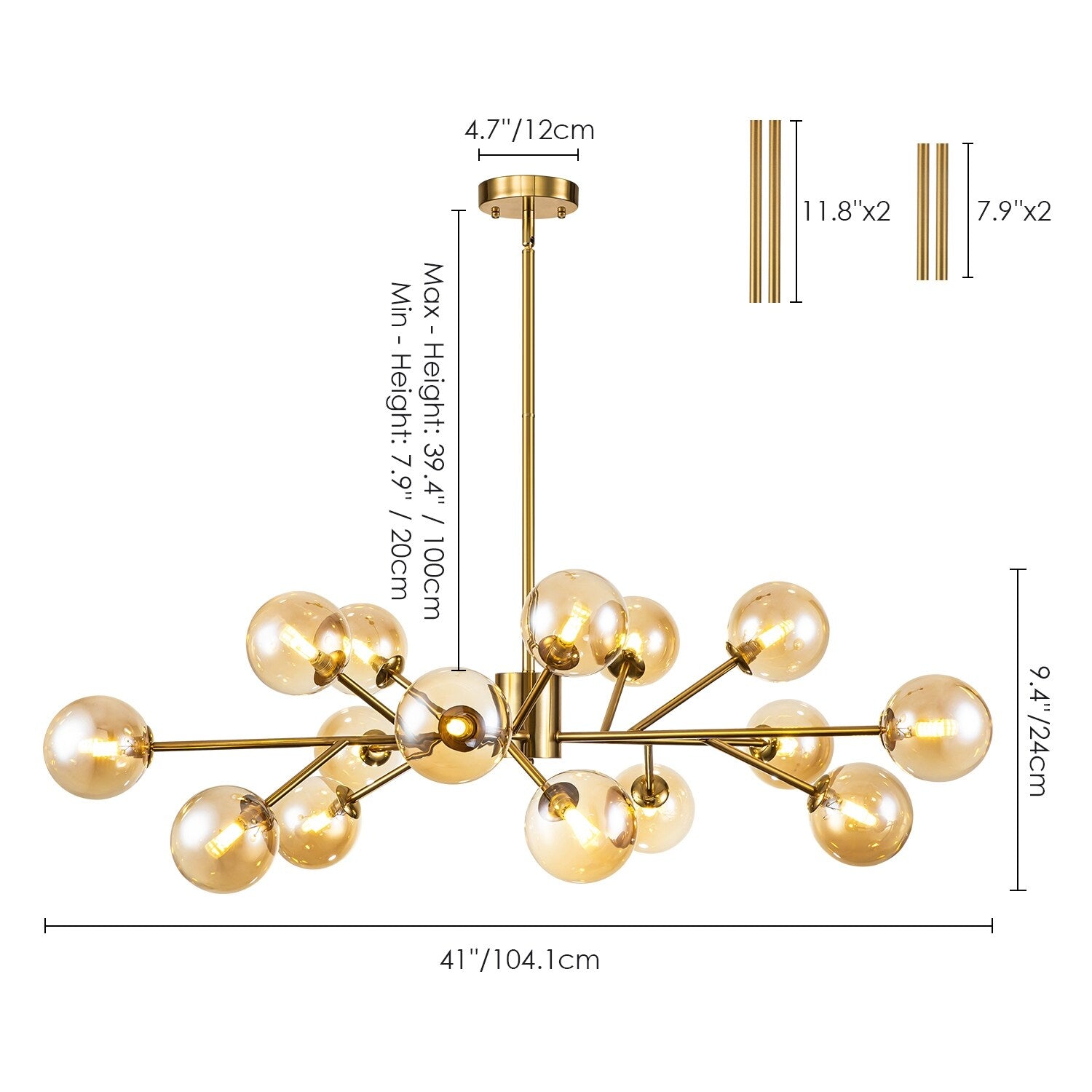 Lustre linéaire moderne à 15 lumières pour îlot de cuisine Sputnik avec branches en verre et bulles