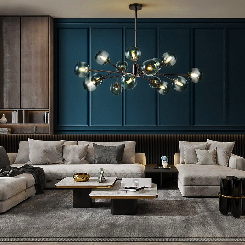 Lustre linéaire moderne à 15 lumières pour îlot de cuisine Sputnik avec branches en verre et bulles