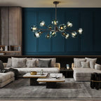 Lustre linéaire moderne à 15 lumières pour îlot de cuisine Sputnik avec branches en verre et bulles