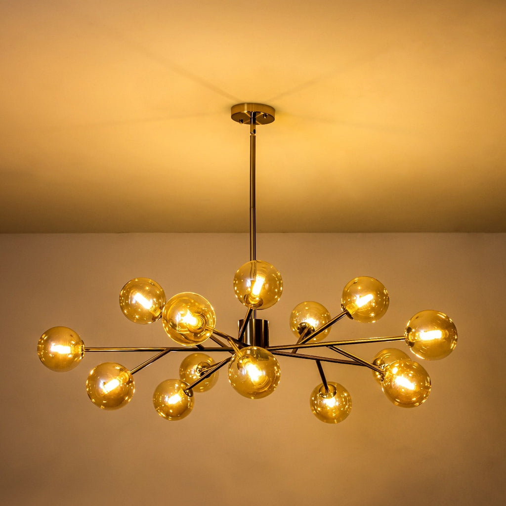 Lustre linéaire moderne à 15 lumières pour îlot de cuisine Sputnik avec branches en verre et bulles