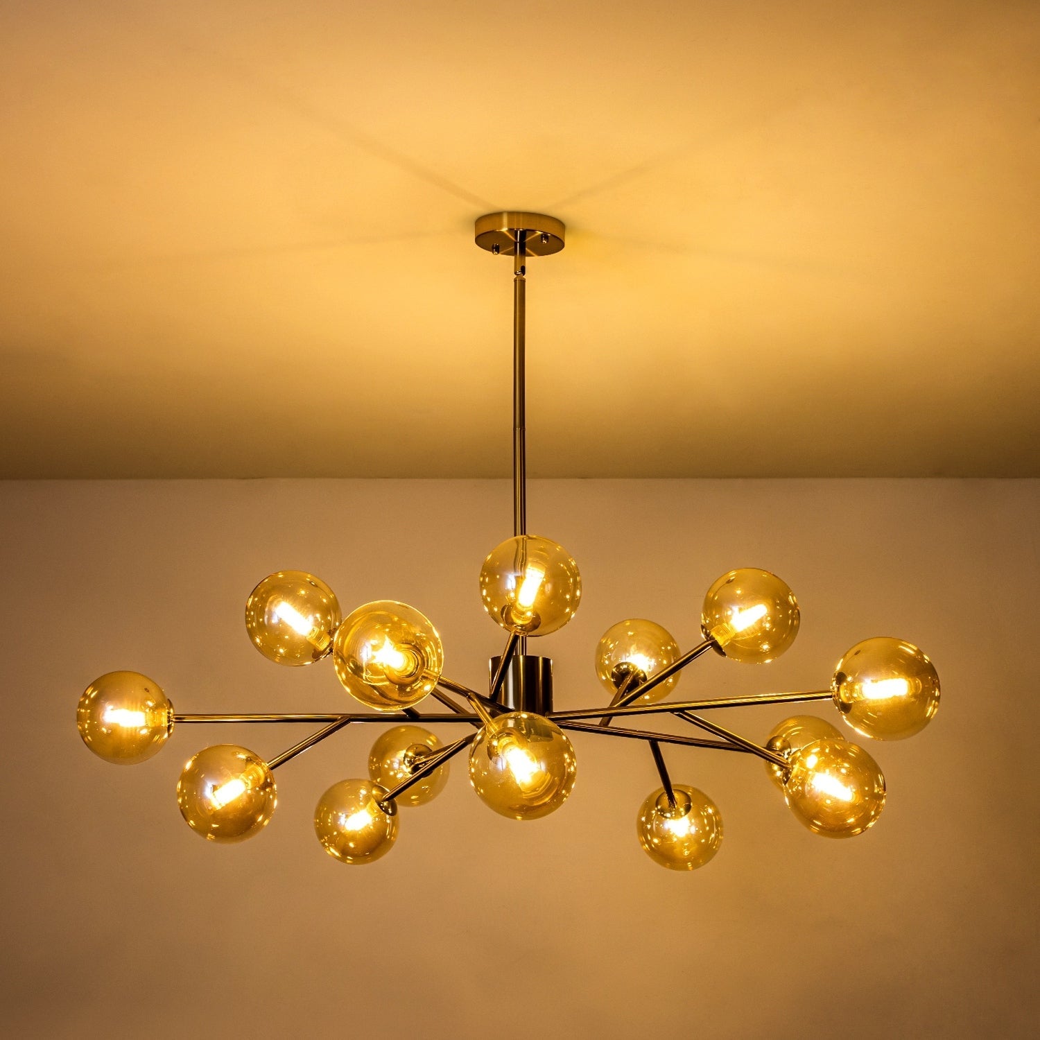 Lustre linéaire moderne à 15 lumières pour îlot de cuisine Sputnik avec branches en verre et bulles