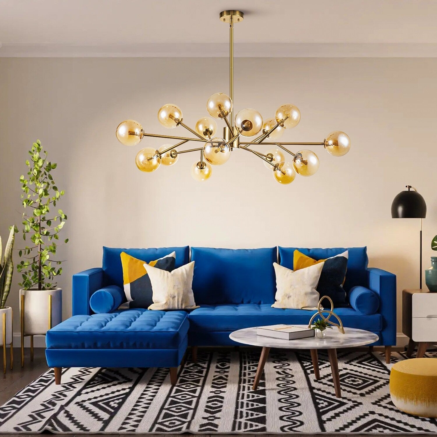 Lustre linéaire moderne à 15 lumières pour îlot de cuisine Sputnik avec branches en verre et bulles