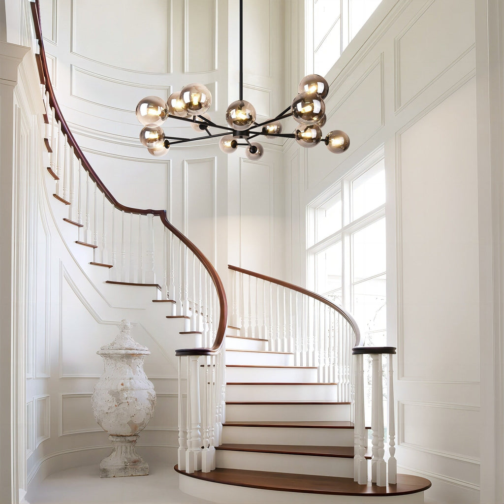 Lustre linéaire moderne à 15 lumières pour îlot de cuisine Sputnik avec branches en verre et bulles