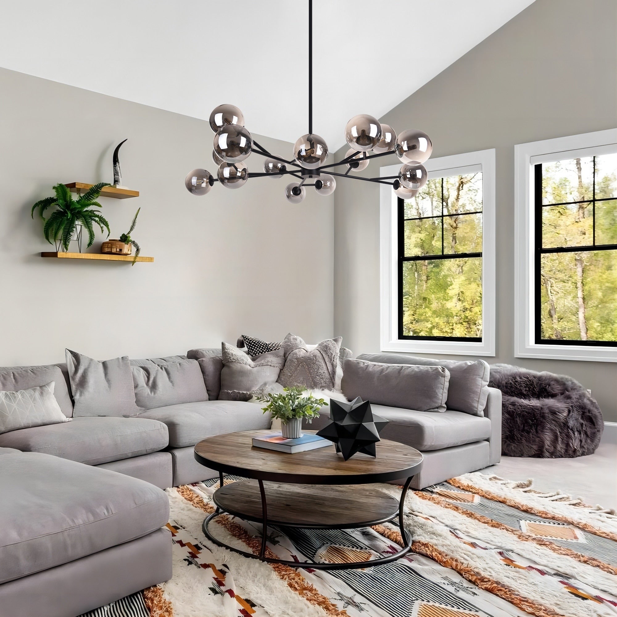 Lustre linéaire moderne à 15 lumières pour îlot de cuisine Sputnik avec branches en verre et bulles