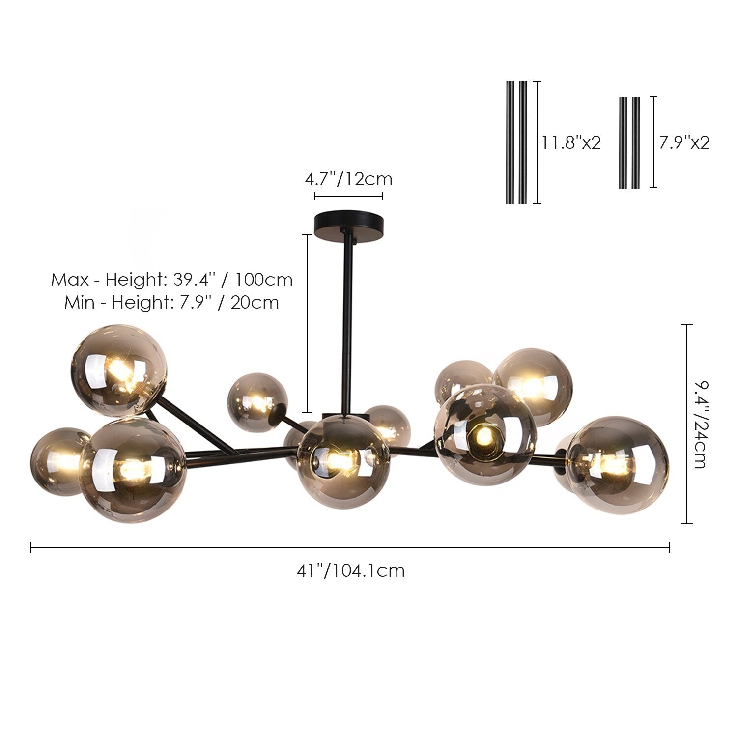 Lustre linéaire moderne à 15 lumières pour îlot de cuisine Sputnik avec branches en verre et bulles