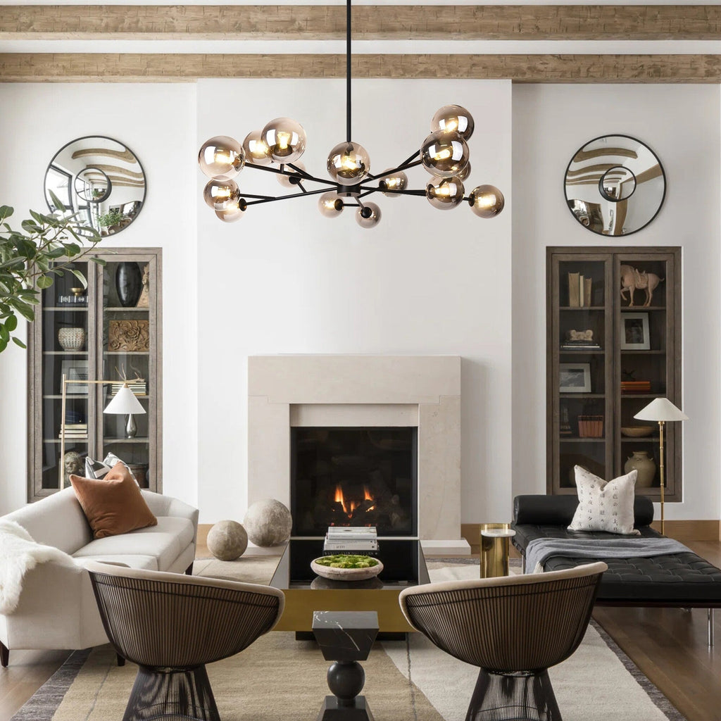 Lustre linéaire moderne à 15 lumières pour îlot de cuisine Sputnik avec branches en verre et bulles