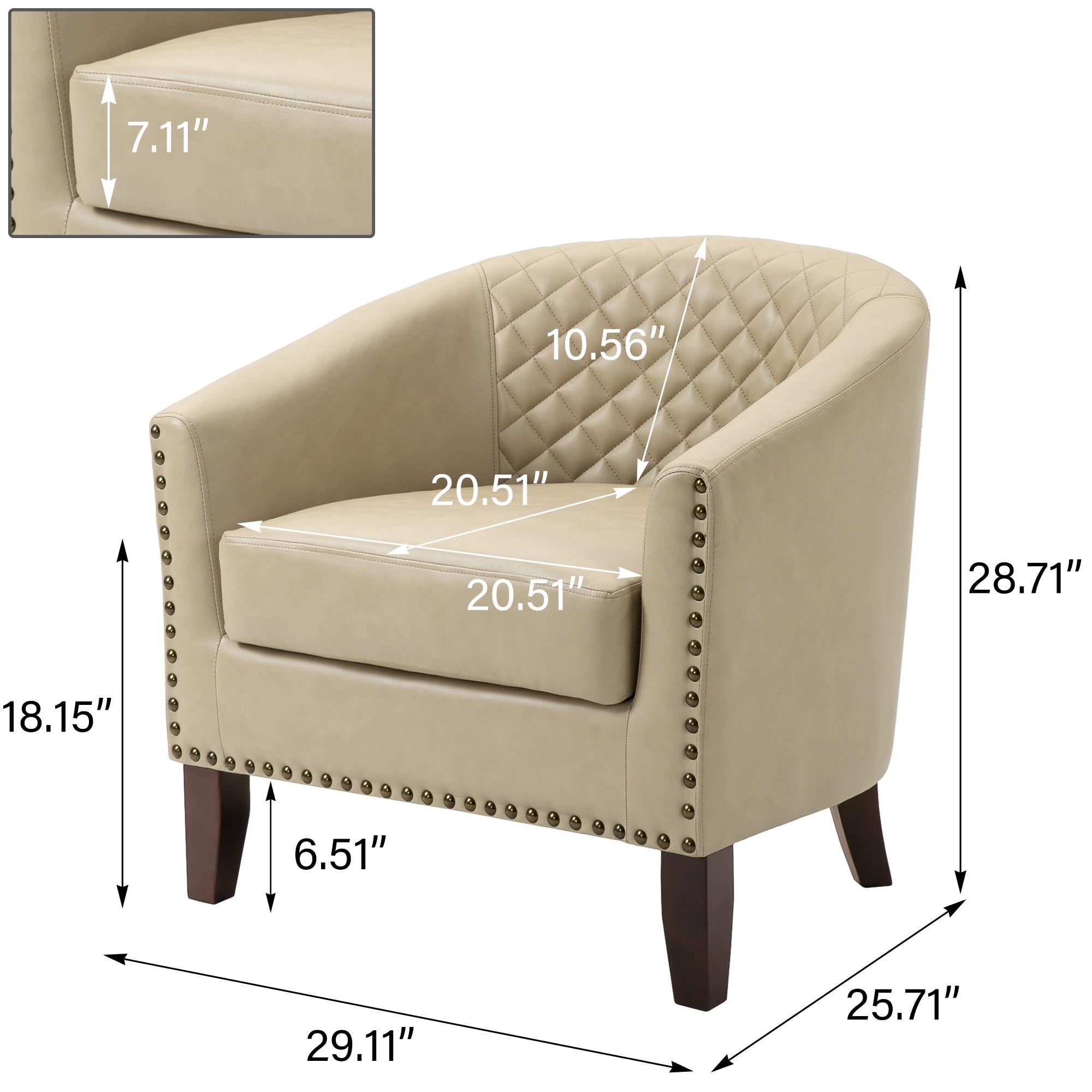 Lot de 2 chaises d'appoint tonneau en cuir vegan de 29 W avec garniture cloutée