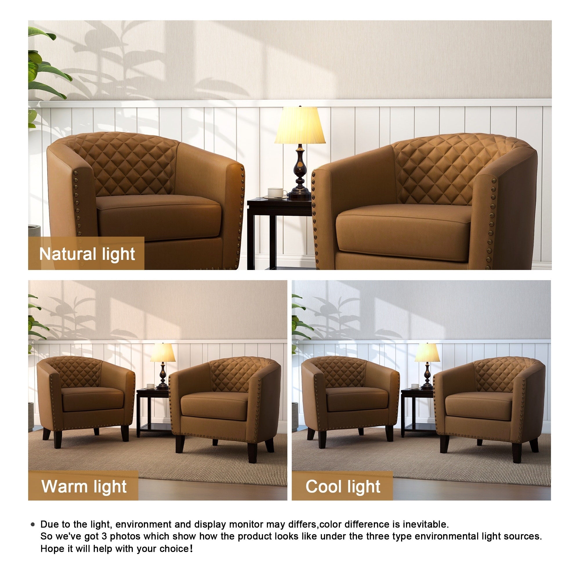 Lot de 2 chaises d'appoint tonneau en cuir vegan de 29 W avec garniture cloutée