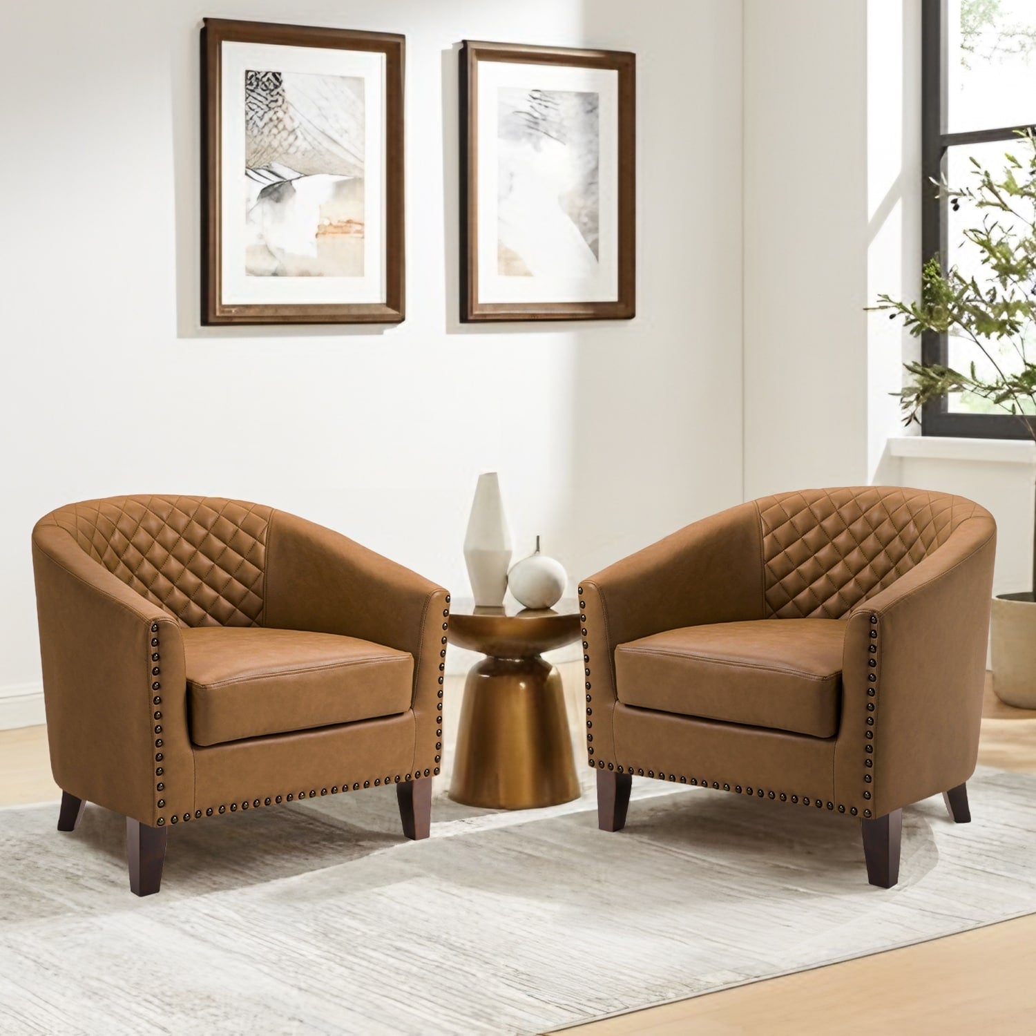 Lot de 2 chaises d'appoint tonneau en cuir vegan de 29 W avec garniture cloutée