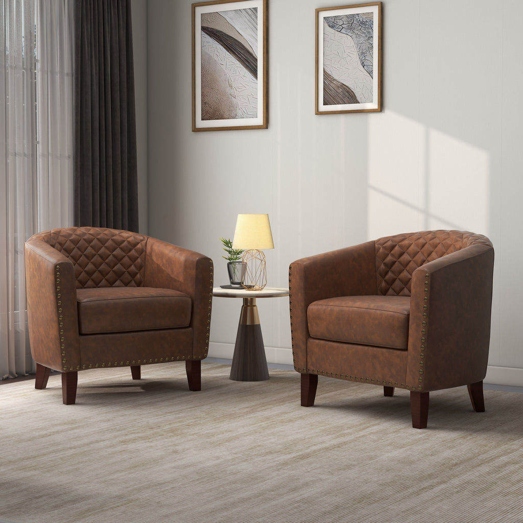 Lot de 2 chaises d'appoint tonneau en cuir vegan de 29 W avec garniture cloutée