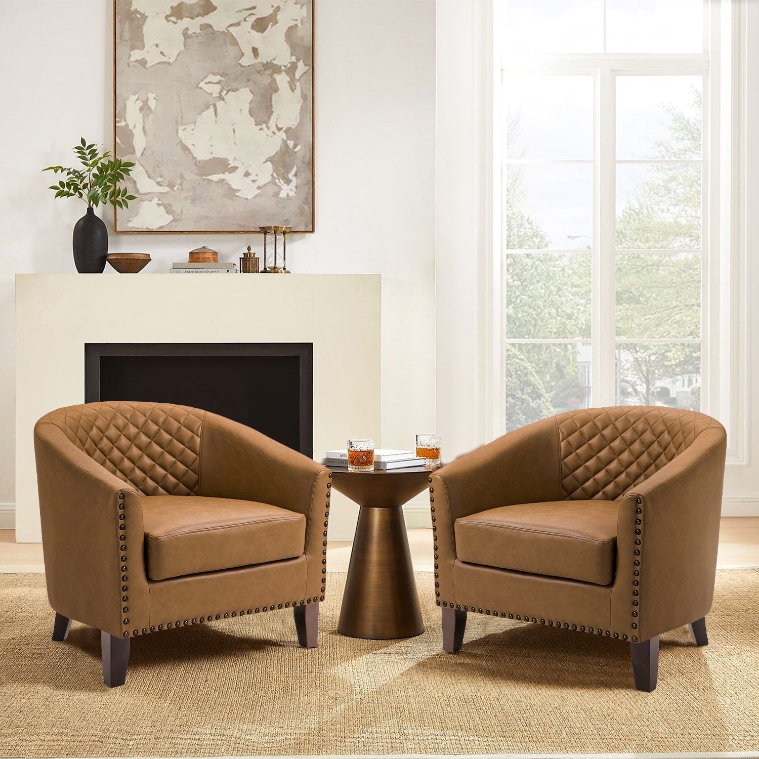 Lot de 2 chaises d'appoint tonneau en cuir vegan de 29 W avec garniture cloutée