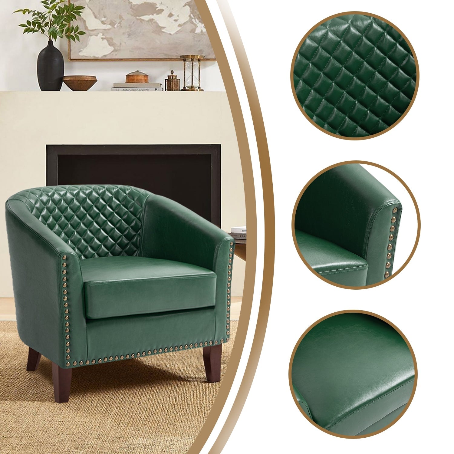 Lot de 2 chaises d'appoint tonneau en cuir vegan de 29 W avec garniture cloutée