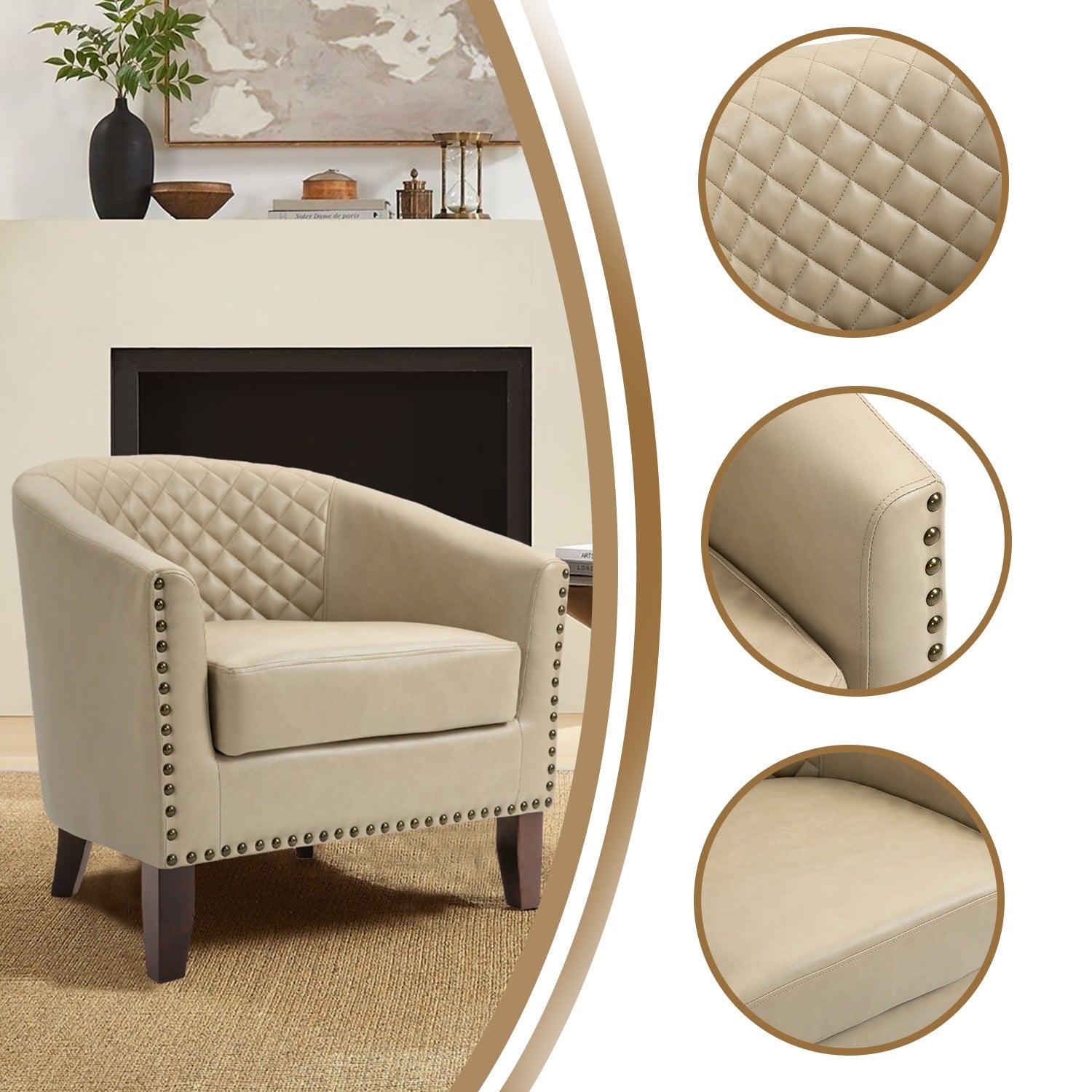 Lot de 2 chaises d'appoint tonneau en cuir vegan de 29 W avec garniture cloutée