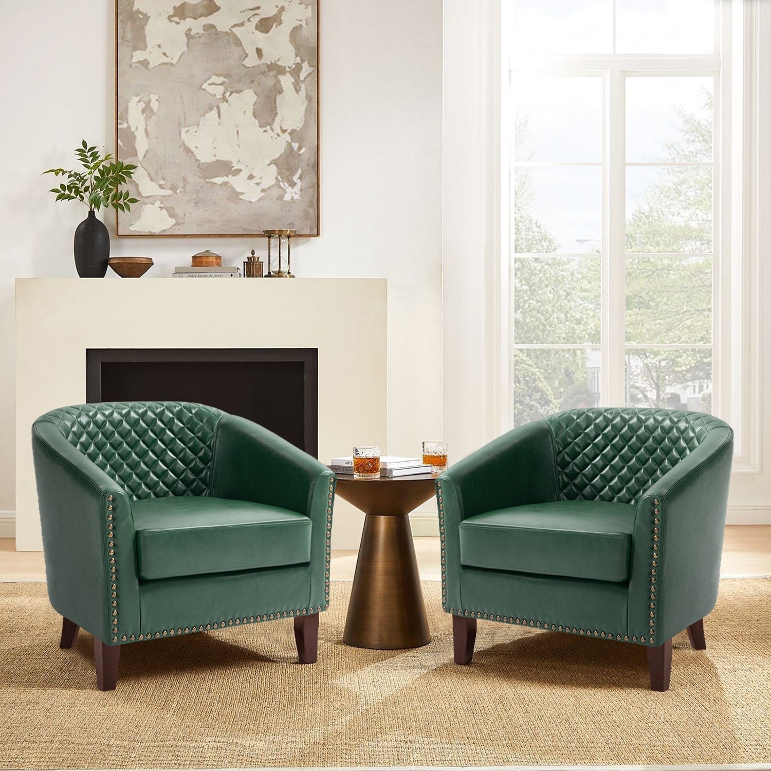 Lot de 2 chaises d'appoint tonneau en cuir vegan de 29 W avec garniture cloutée