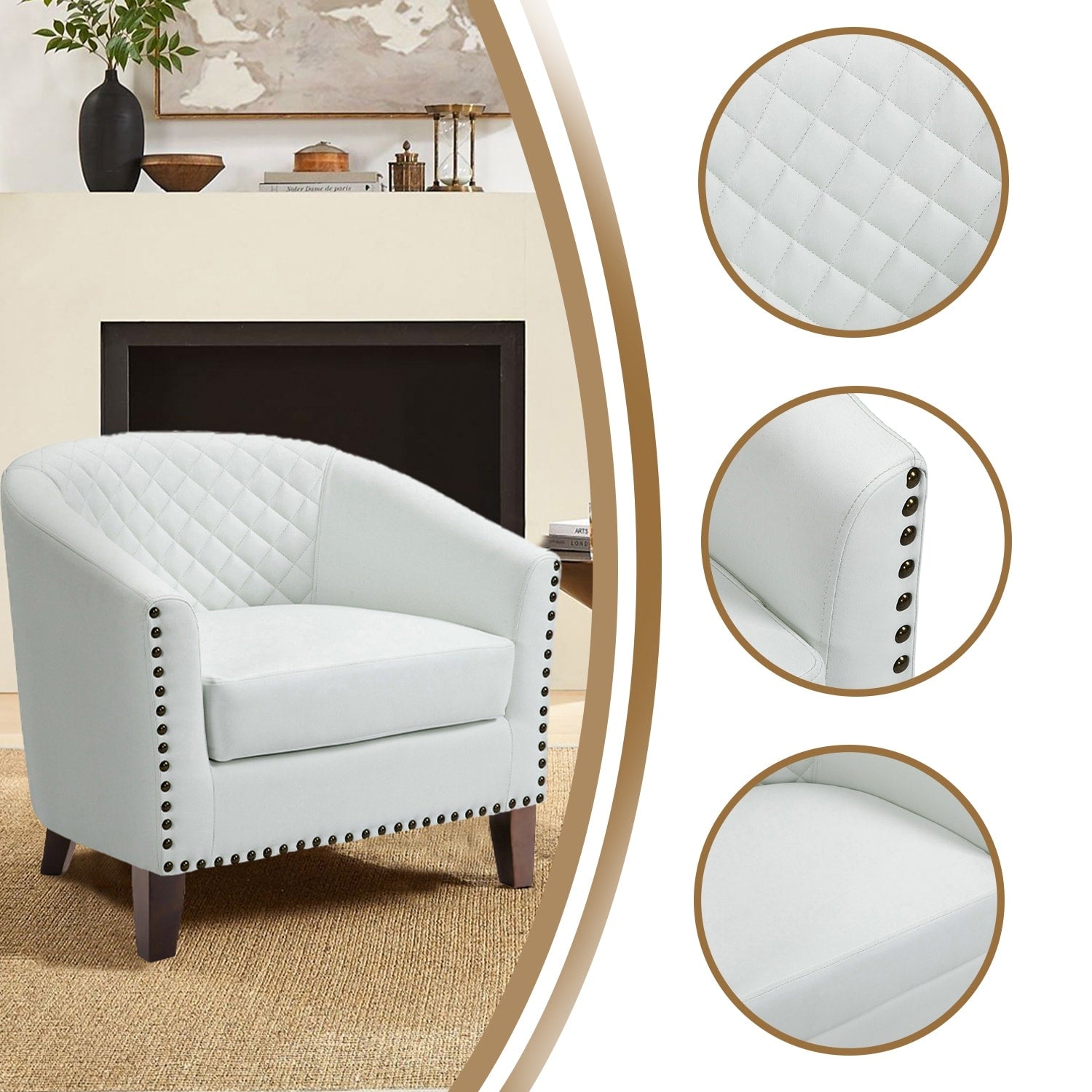 Lot de 2 chaises d'appoint tonneau en cuir vegan de 29 W avec garniture cloutée