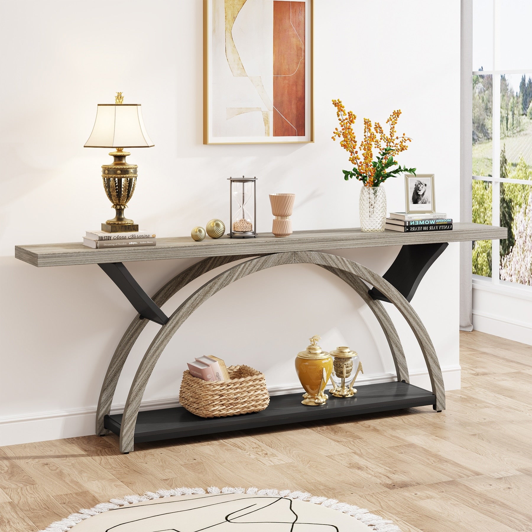 Console étroite à 2 niveaux avec cadre semi-circulaire pour entrée, tables d'appoint de couloir grises