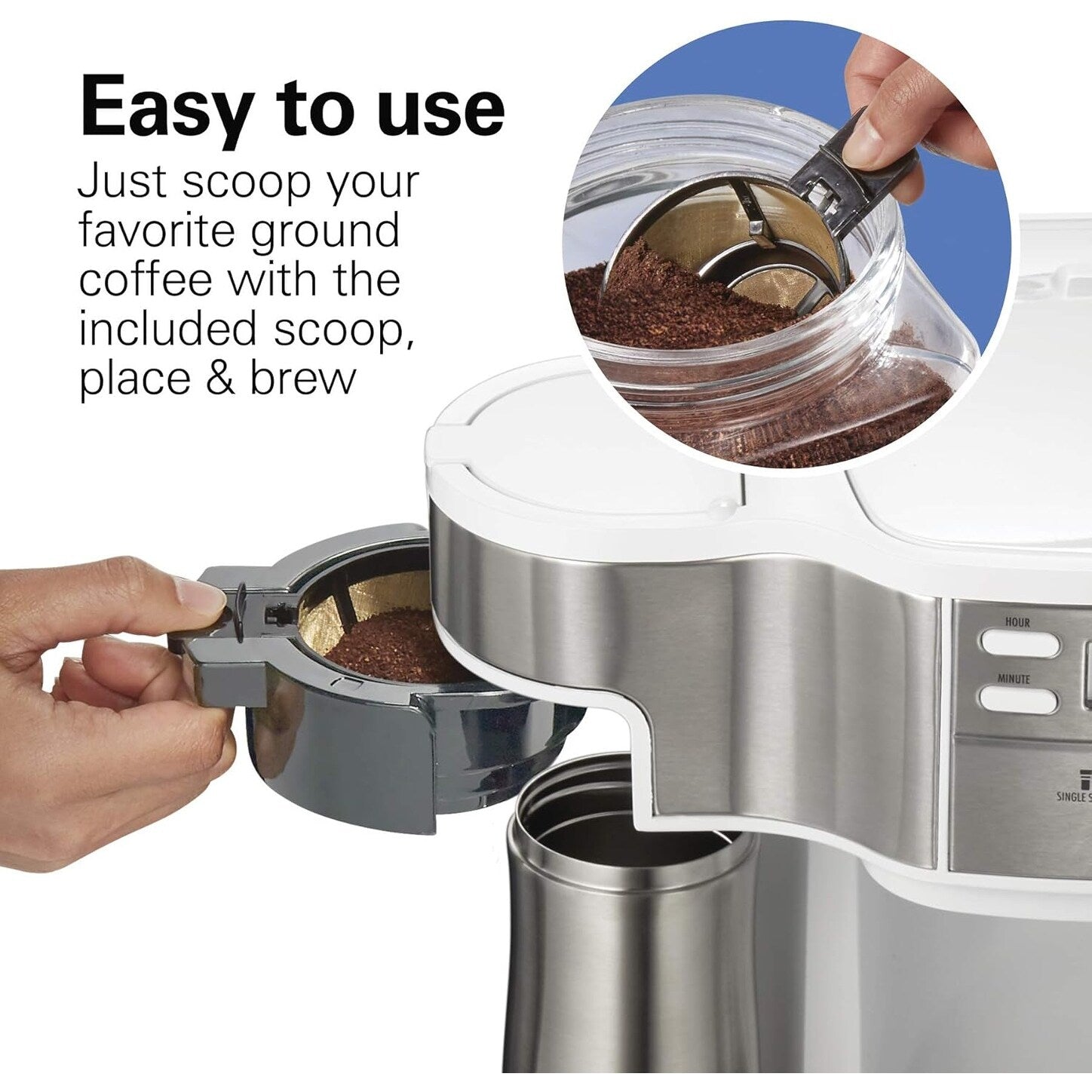 Cafetière 2 voies 12 tasses et doseur individuel, carafe en verre, pause et versement automatiques, blanche