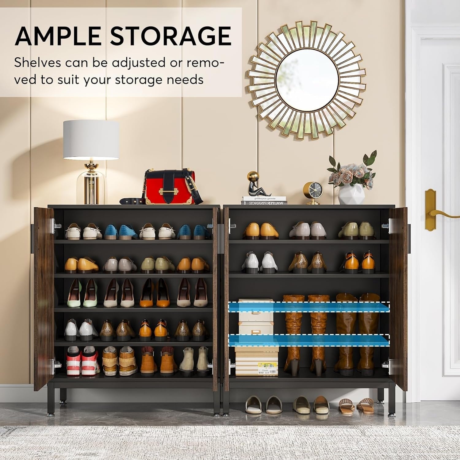 Meuble à chaussures moderne de 95 cm avec portes, blanc et doré, pour 20 paires de chaussures