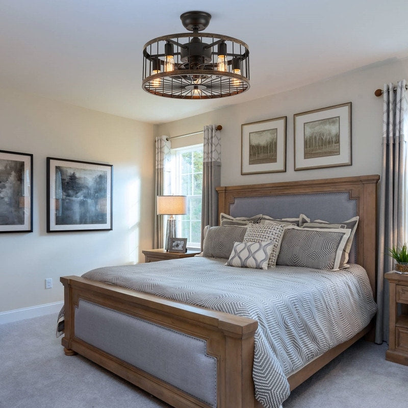 Ventilateur de plafond à profil bas de 20 po, style ferme moderne, finition bois, avec éclairage et télécommande