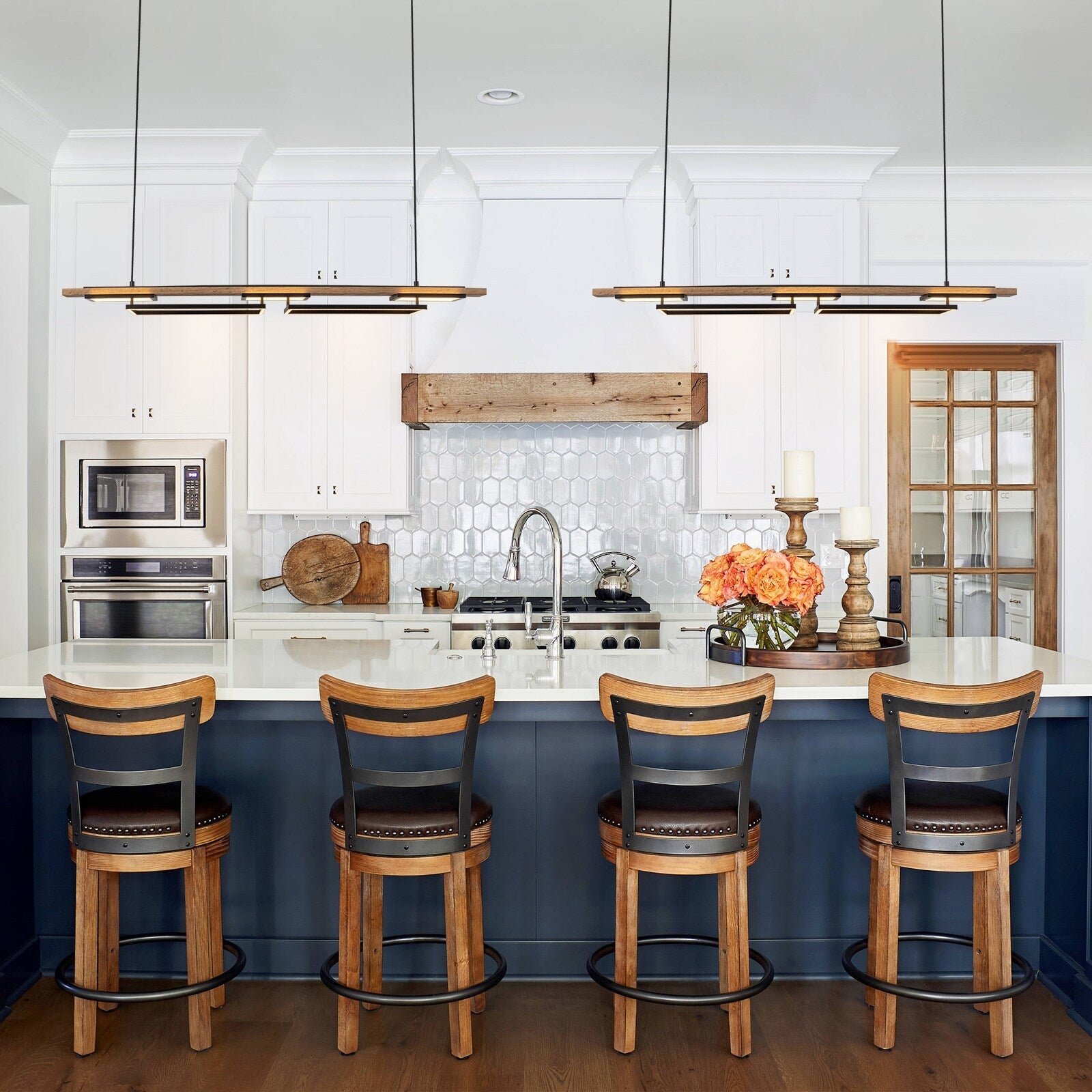 Lustre linéaire en bois à 3/5 lumières LED intégrées pour îlot de cuisine