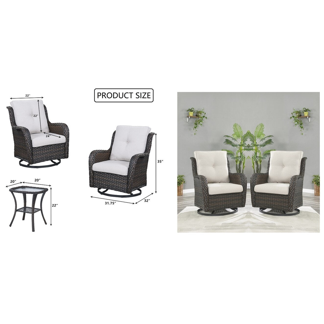 Fauteuil à bascule pivotant d'extérieur Gymojoy 3 pièces en osier avec coussin et table