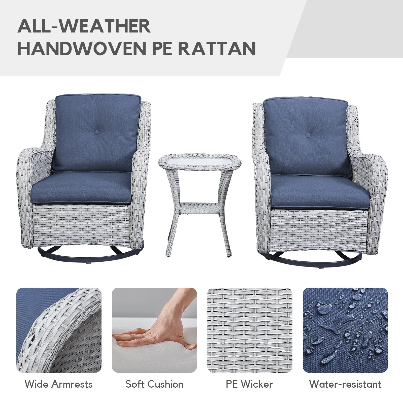 Fauteuil à bascule pivotant d'extérieur Gymojoy 3 pièces en osier avec coussin et table