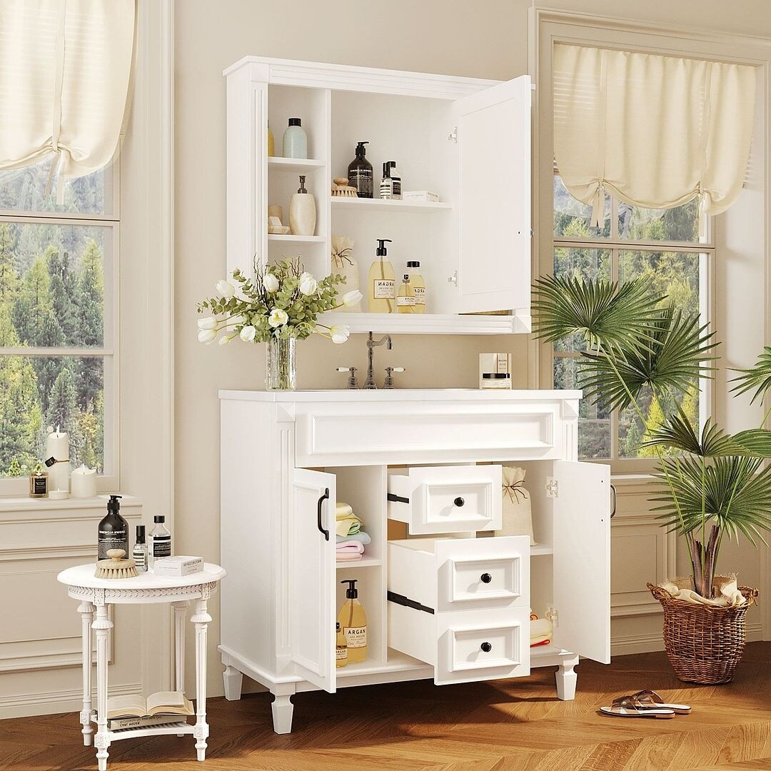 Meuble-lavabo moderne de 36 po avec lavabo supérieur et armoire à miroir, 2 portes et 2 tiroirs
