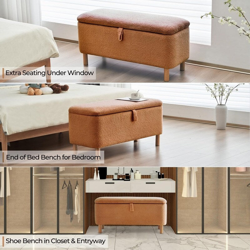 Banc ottoman de rangement en sherpa blanc cassé, repose-pieds, pour salon, chambre à coucher, pieds en bois