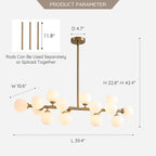 Lustre linéaire moderne du milieu du siècle de 40 po, suspension Spoutnik à 16 ampoules en laiton doré avec globe en verre dépoli pour salle à manger