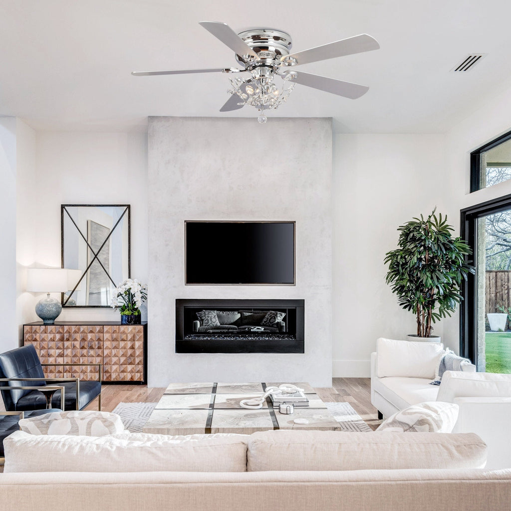 Ventilateur de plafond encastré moderne réversible à 5 pales en cristal avec télécommande