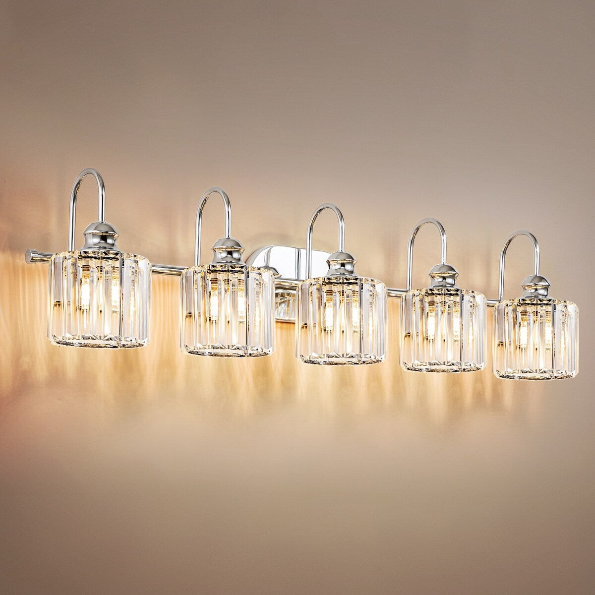 Luminaires de salle de bain en cristal à 5 ​​lumières, style glamour, linéaires et à intensité variable, avec abat-jour cylindrique en cristal