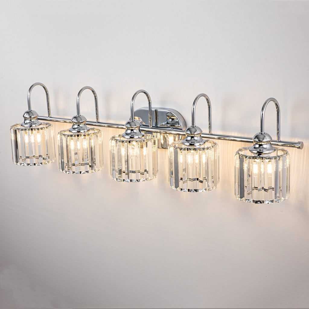 Luminaires de salle de bain en cristal à 5 ​​lumières, style glamour, linéaires et à intensité variable, avec abat-jour cylindrique en cristal