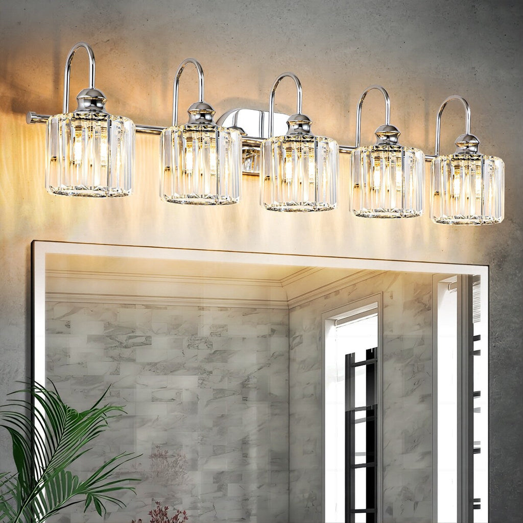 Luminaires de salle de bain en cristal à 5 ​​lumières, style glamour, linéaires et à intensité variable, avec abat-jour cylindrique en cristal