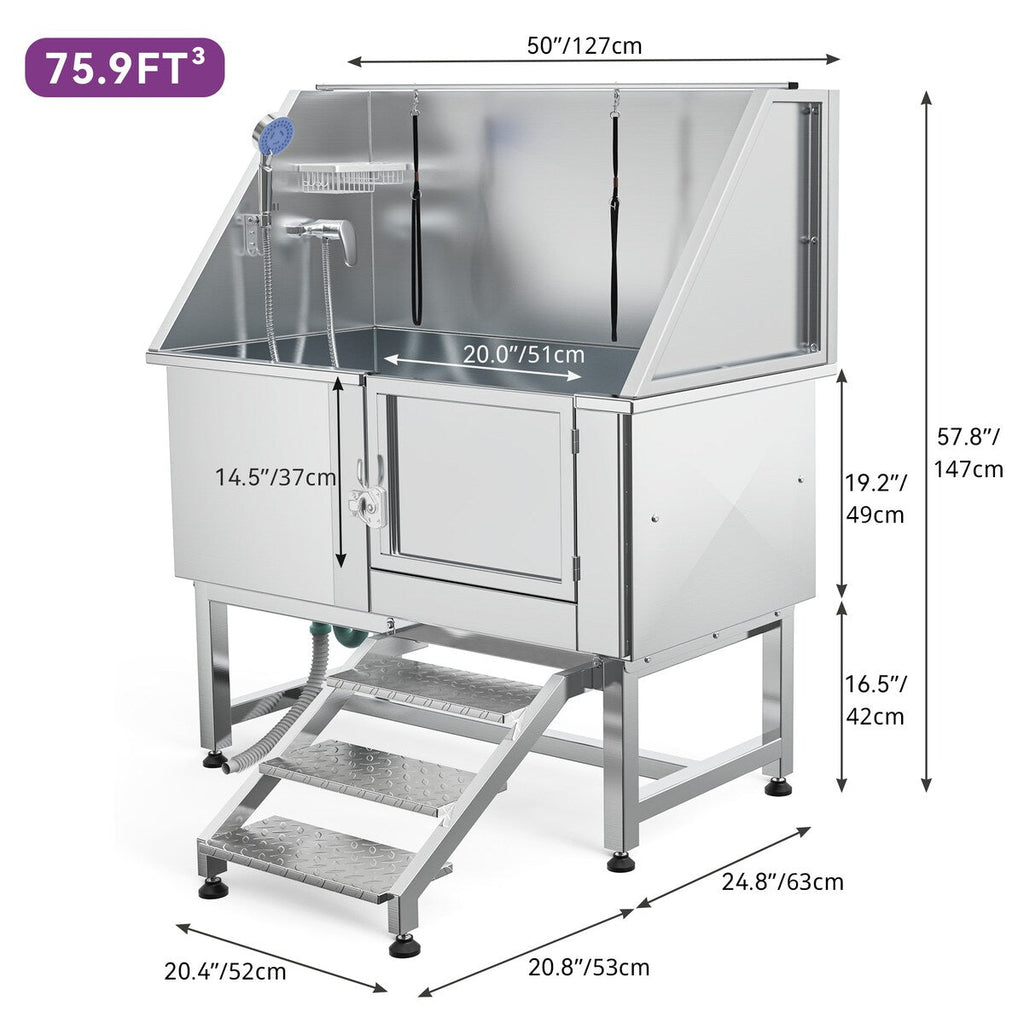 Baignoire de toilettage réglable en acier inoxydable de 50 po de largeur avec rampe et marches