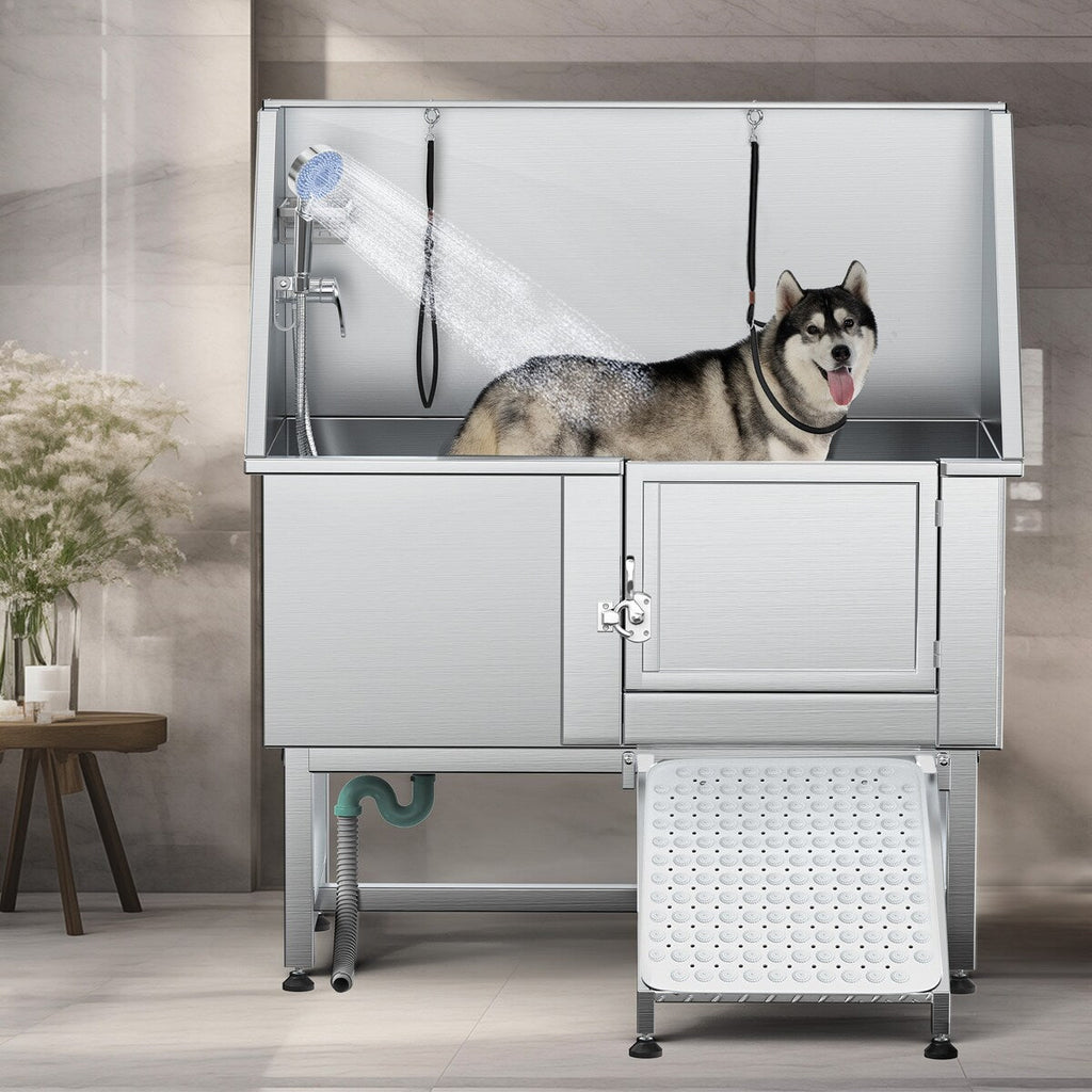 Baignoire de toilettage réglable en acier inoxydable de 50 po de largeur avec rampe et marches