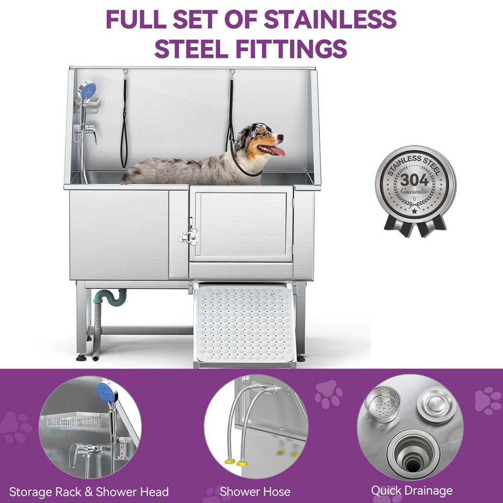 Baignoire de toilettage réglable en acier inoxydable de 50 po de largeur avec rampe et marches