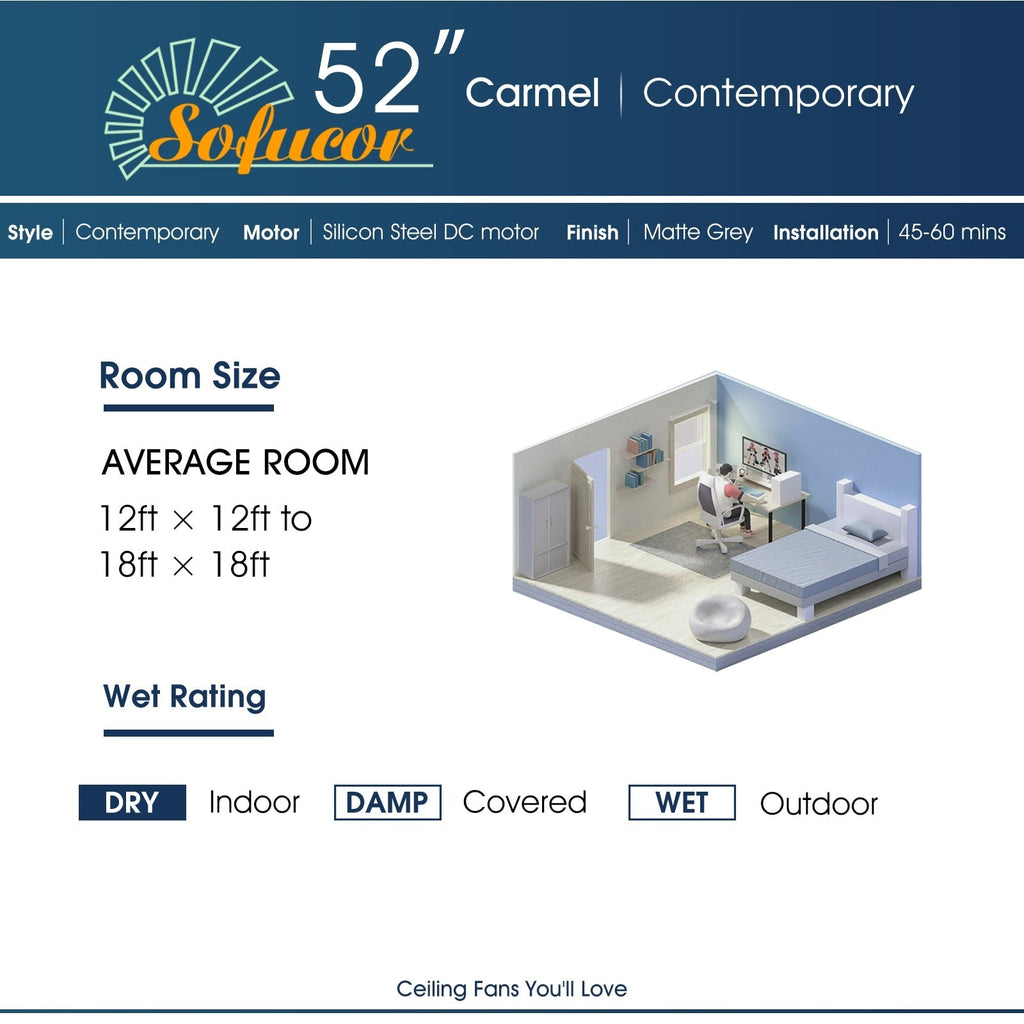 Ventilateur de plafond moderne en bois massif/ABS de 52 pouces avec télécommande (sans lumière), 6 vitesses de vent, flux d'air réversible