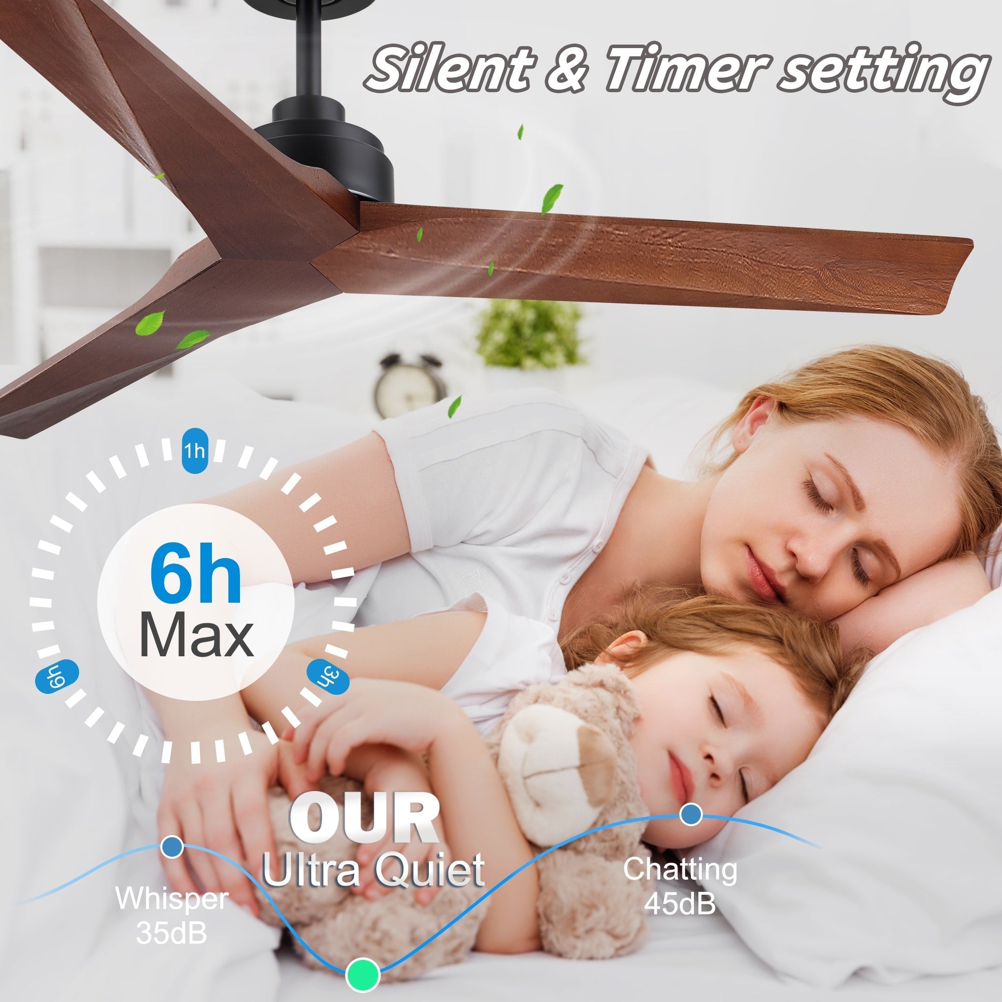 Ventilateur de plafond moderne en bois massif/ABS de 52 pouces avec télécommande (sans lumière), 6 vitesses de vent, flux d'air réversible