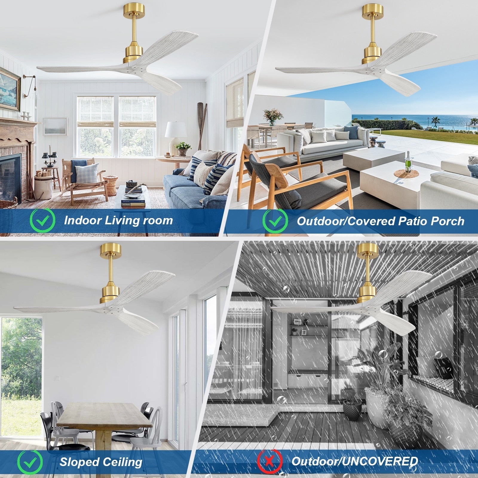 Ventilateur de plafond moderne en bois massif/ABS de 52 pouces avec télécommande (sans lumière), 6 vitesses de vent, flux d'air réversible