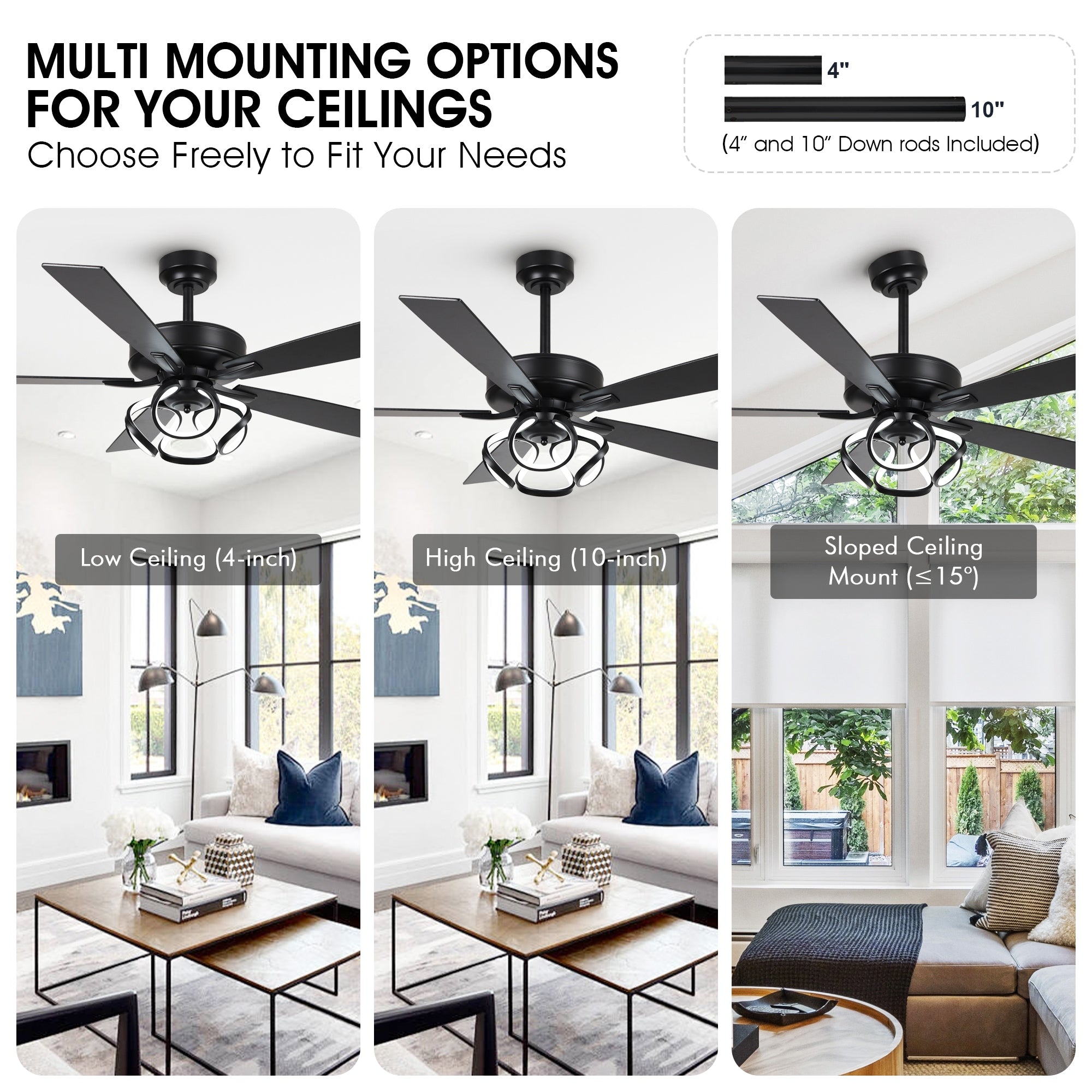 Ventilateur de plafond LED moderne d'intérieur chromé/noir à intensité variable avec lumière et télécommande