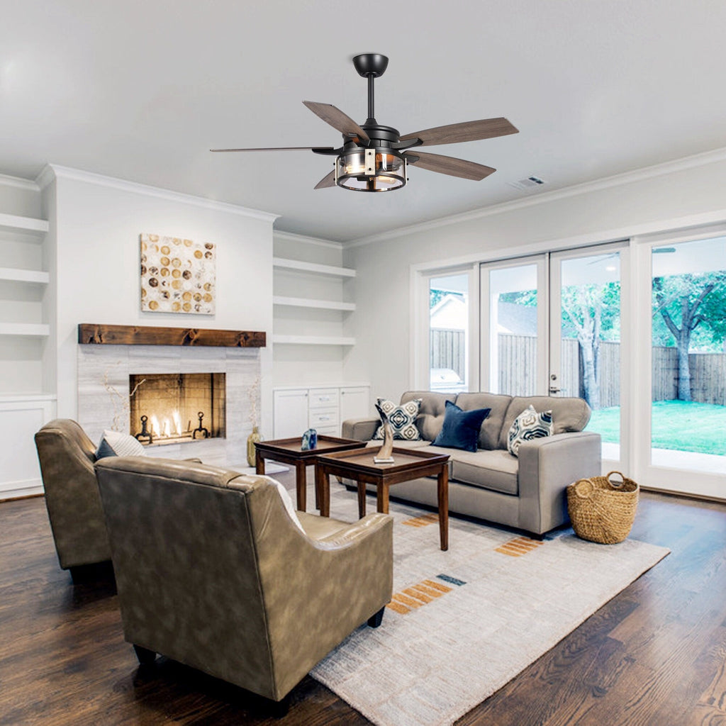 Ventilateur de plafond d'intérieur rustique en bois noir à 5 pales avec télécommande