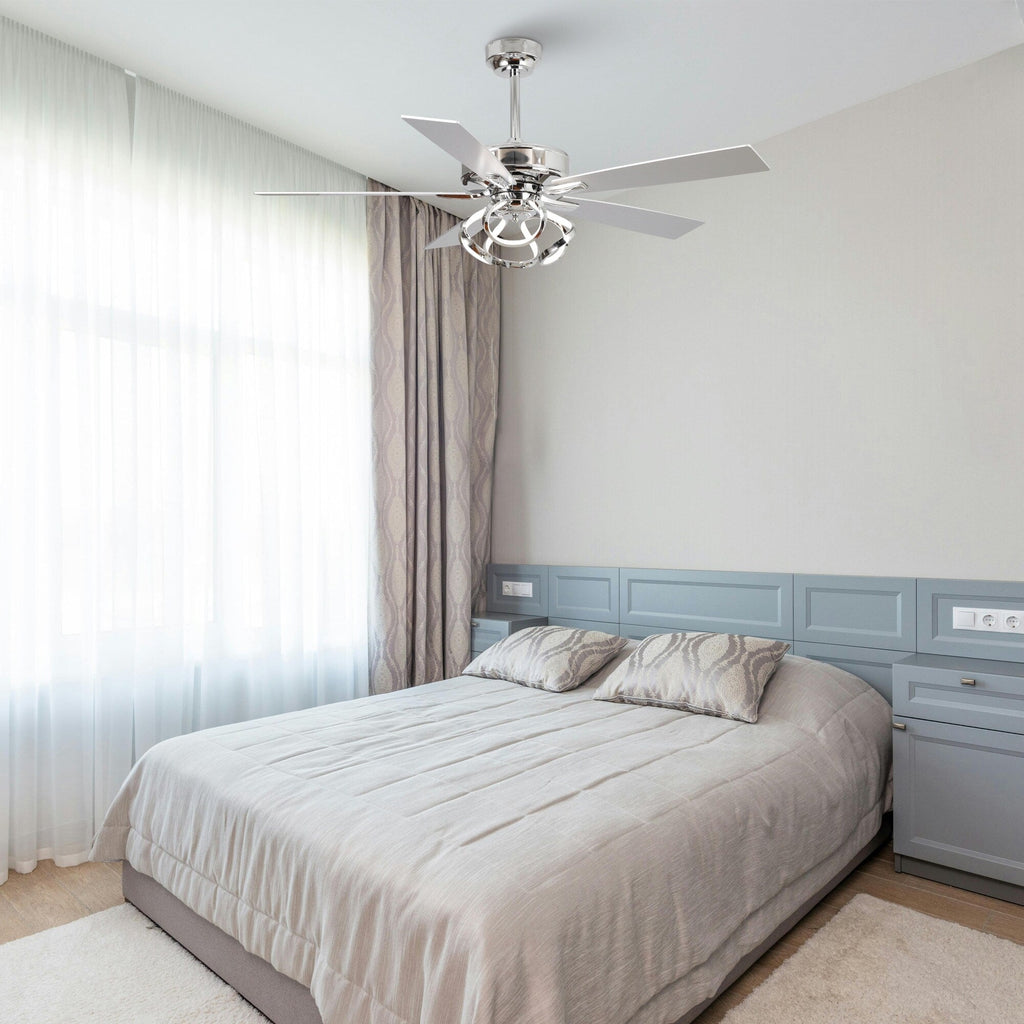 Ventilateur de plafond LED moderne d'intérieur chromé/noir à intensité variable avec lumière et télécommande