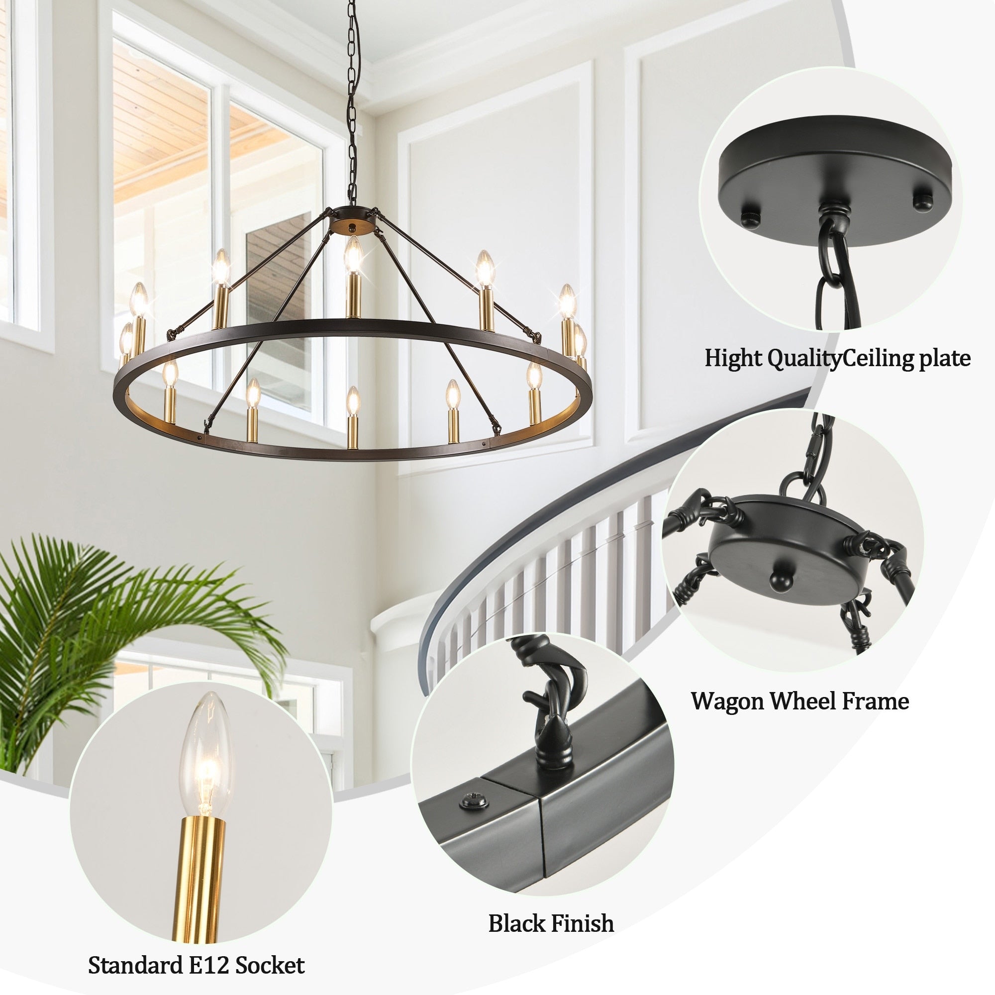 Lustre rond à 24 lumières en forme de roue de chariot de 54 pouces